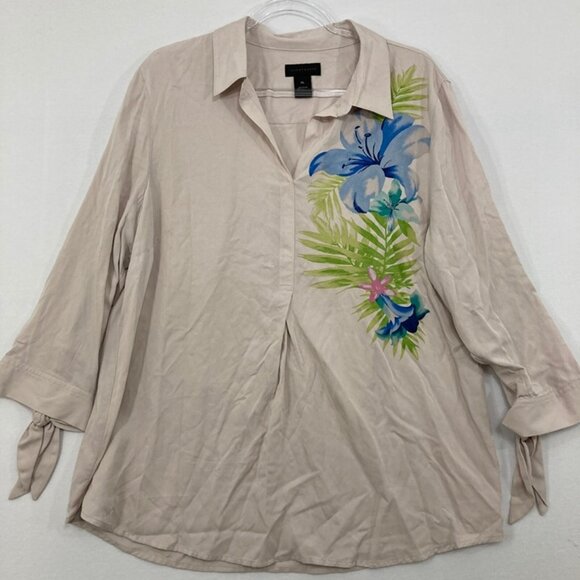 Investments size XL Cream Floral Artsy Ultra Soft Rayon Popover Top Office - Picture 1 of 9